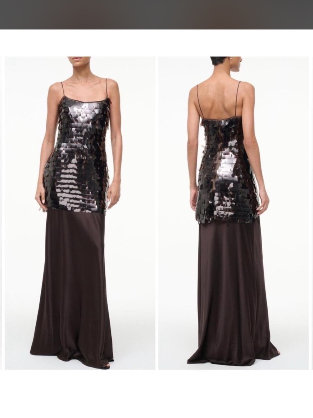 STAUD Mesa Brown Sequin Overlay Maxi Dress